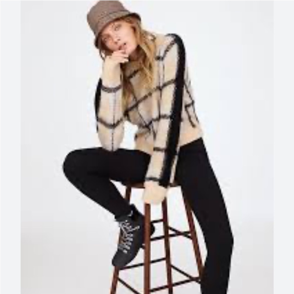 Anthropologie Moth Sweater Tan Black Window Pane Plaid Crewneck Sz S